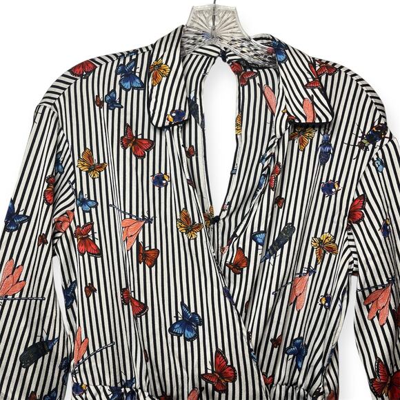 Zara Basic Butterfly Print White Black Striped Wrap Romper Vacation Cruise Sz S - Picture 4 of 12